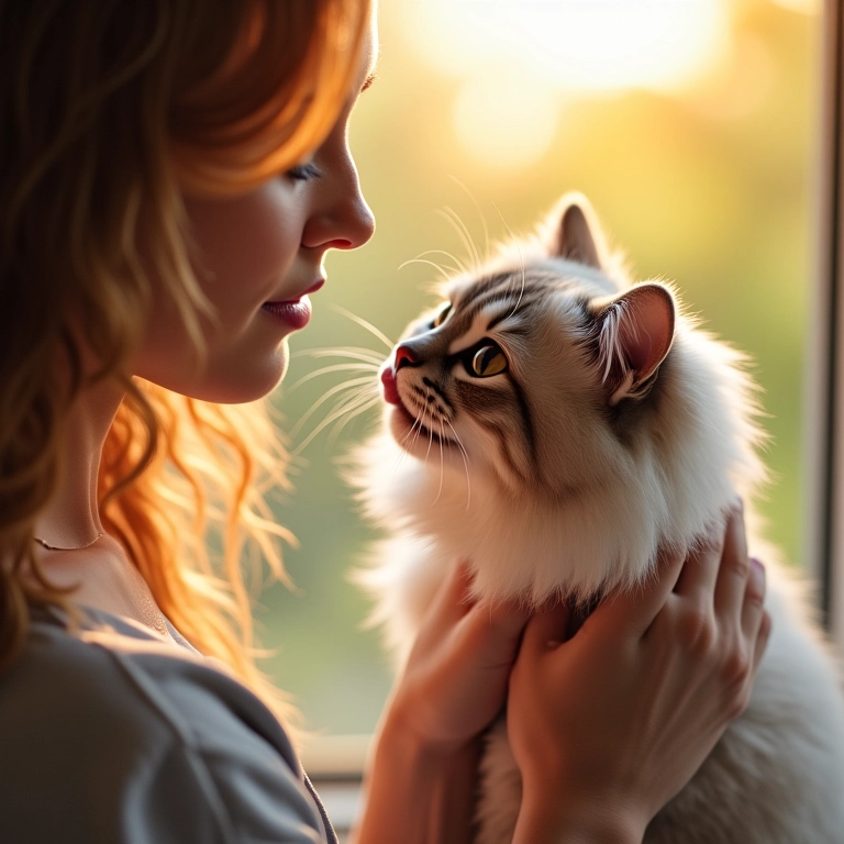 Mulher acaricia gato persa que se lambe.