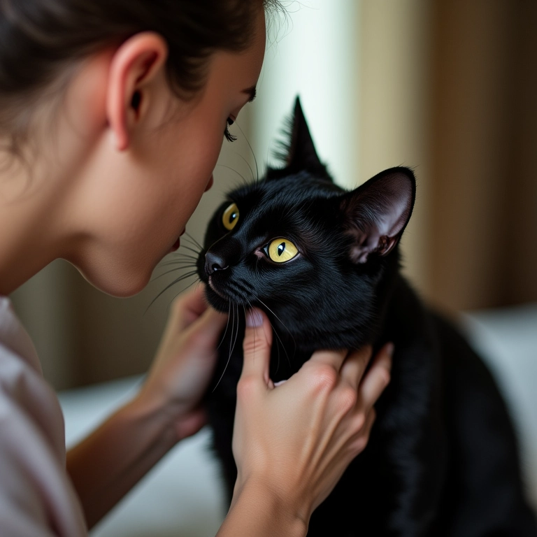 Mulher acaricia gato preto que começa a se lamber.