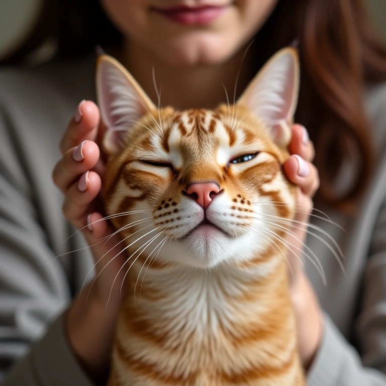Mulher acariciando gato na cabeça com cuidado.