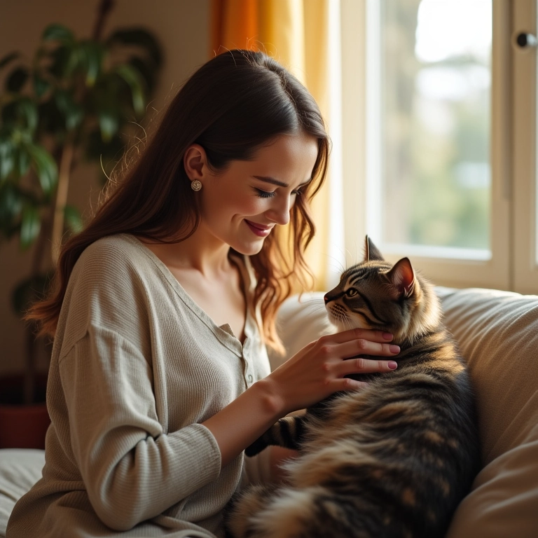 Mulher acariciando gato no colo, demonstrando afeto e carinho diário.