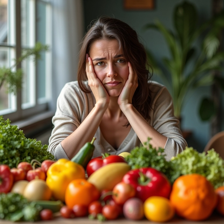 Mulher cansada à mesa com alimentos ricos em minerais.