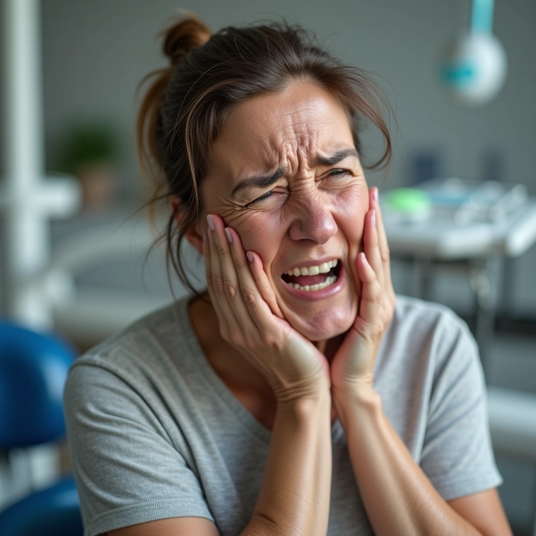 Mulher com dor de dente no consultório dentário.