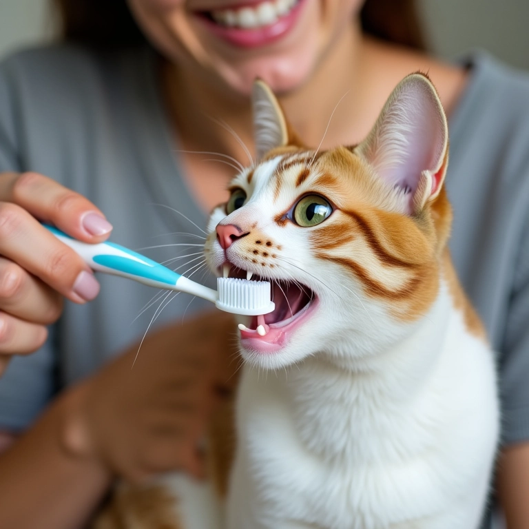 Mulher escovando os dentes do gato, demonstrando higiene bucal adequada.