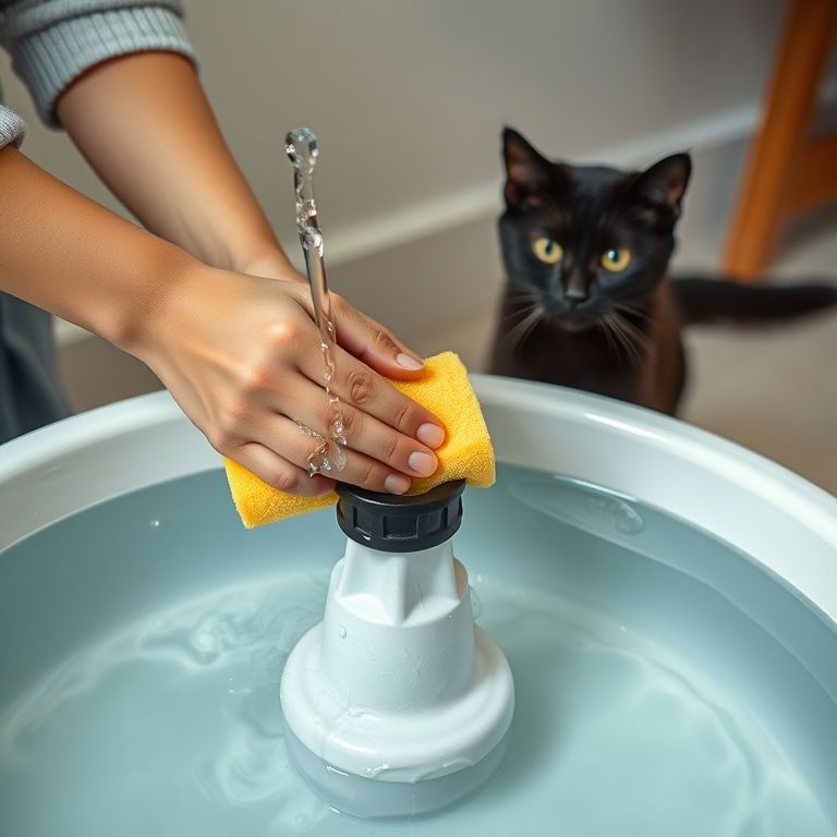 Mulher limpando uma fonte de água para gatos com uma esponja.