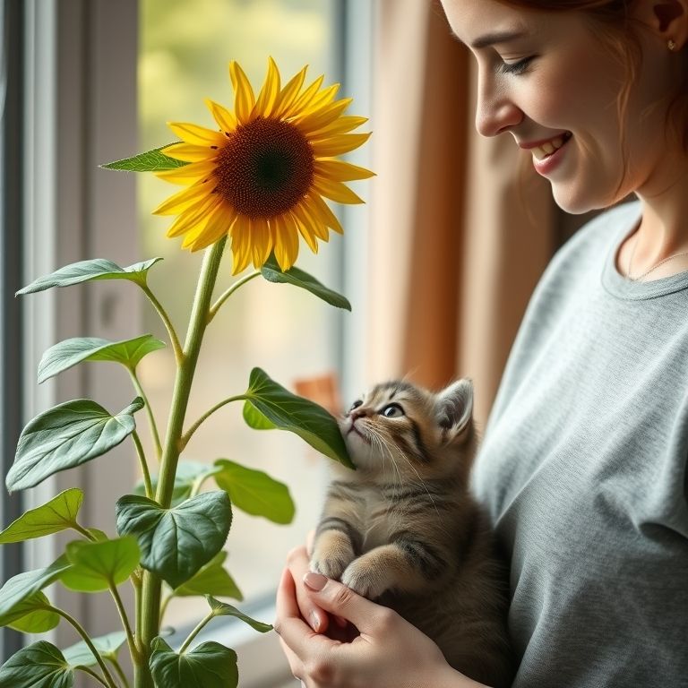 Mulher oferecendo girassol em vaso para filhote de gato.