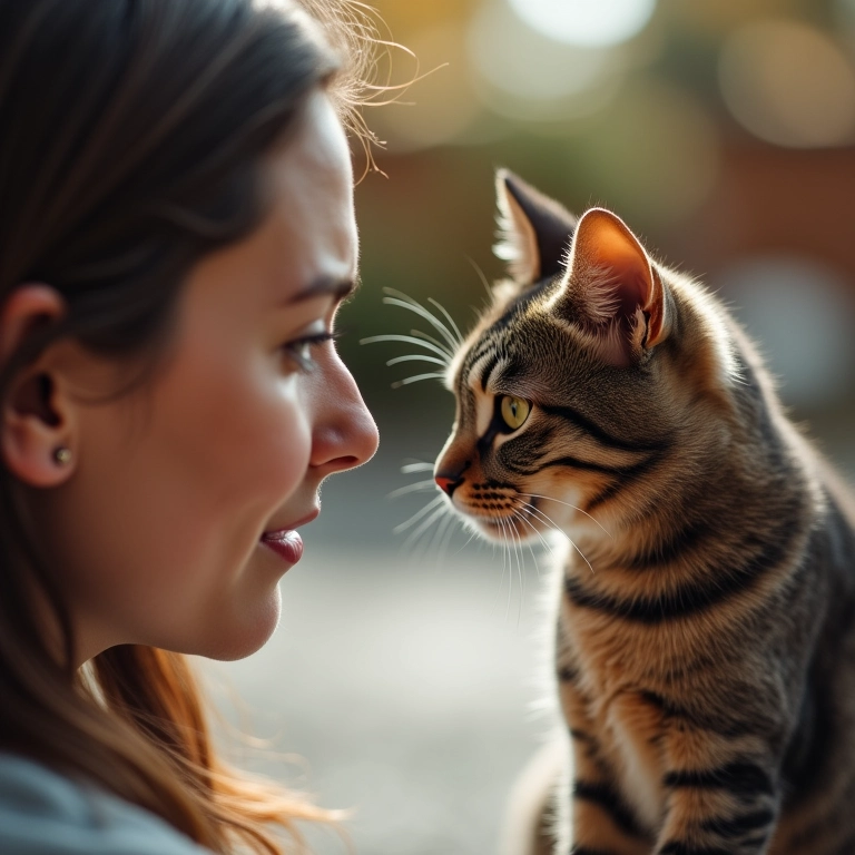Mulher tentando acariciar gato que a evita.