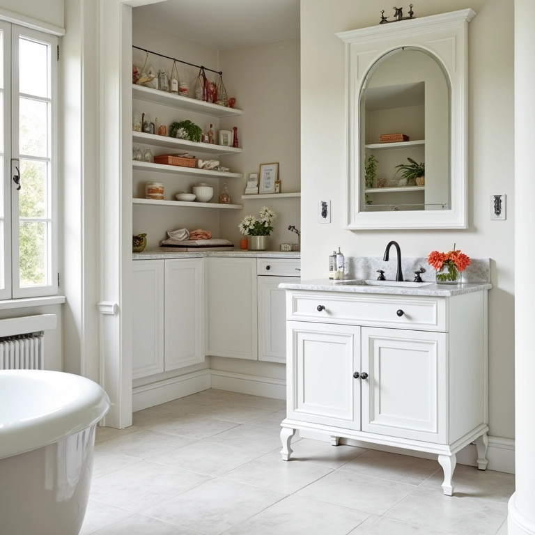 Nichos e prateleiras com porcelanato colorido no banheiro.