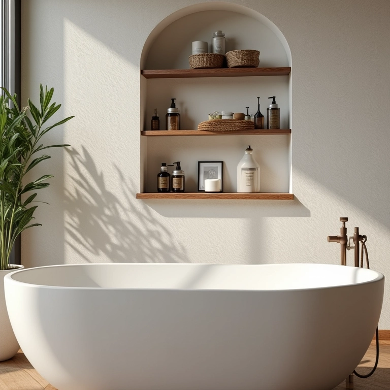 Nichos e prateleiras organizando com estilo um banheiro antigo