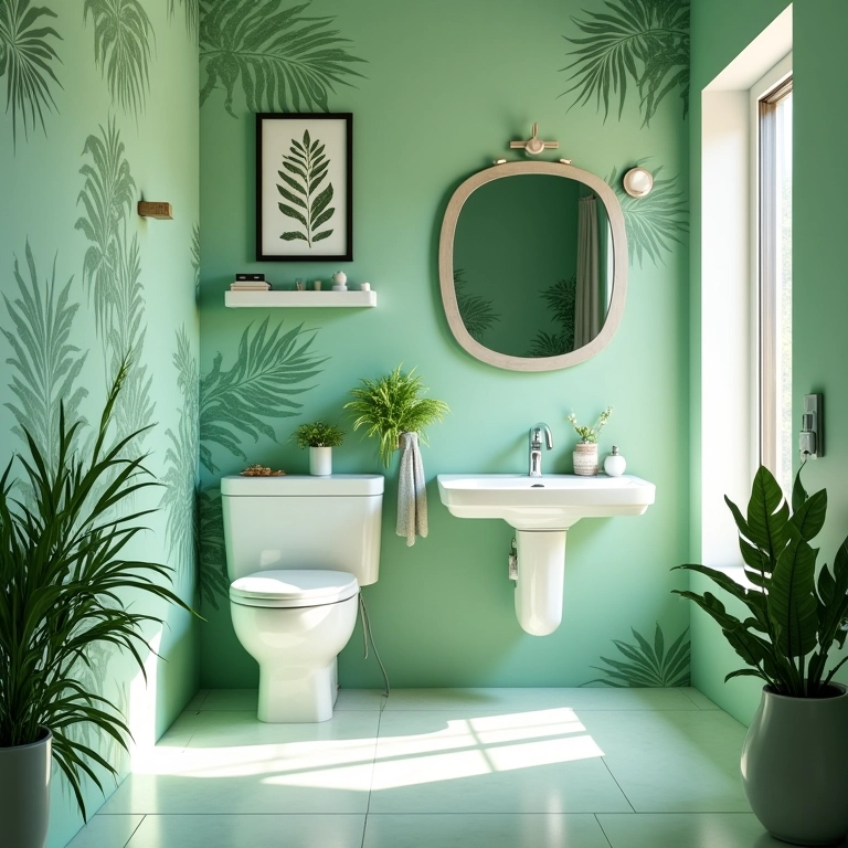 Papel de parede estiloso em banheiro verde claro, personalidade.