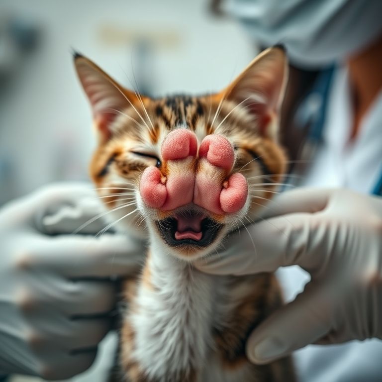 Pata de gato com inflamação sendo examinada por veterinário. Problemas de saúde podem causar mau cheiro.