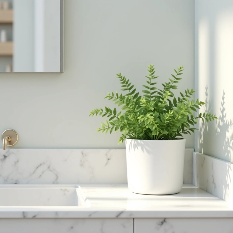 Planta em vaso decorando o balcão do banheiro MRV, trazendo frescor.