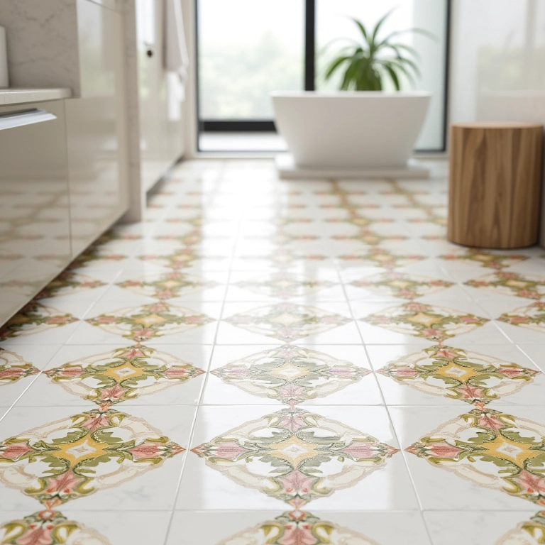 Porcelanato imitando ladrilho hidráulico colorido no banheiro.