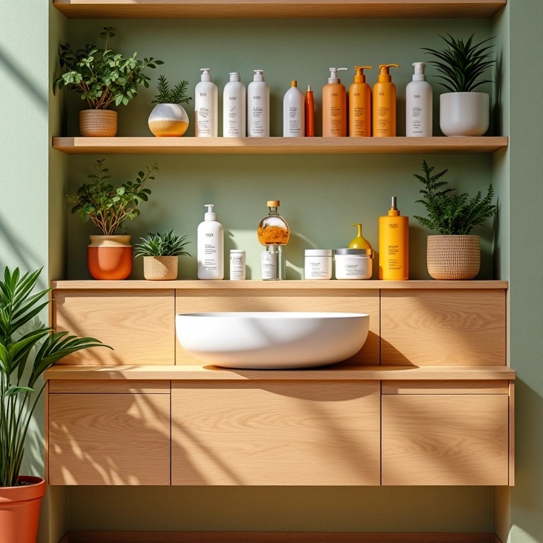 Produtos de banheiro organizados em prateleiras e gavetas.