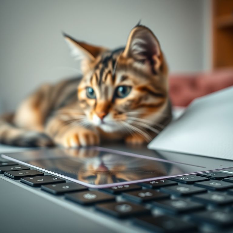 Protetor de teclado transparente em um laptop, com um gato malhado ao fundo.