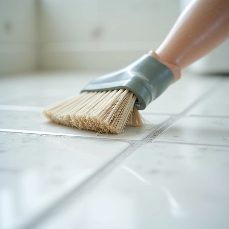 Rejuntes de azulejos sendo limpos com produto específico.