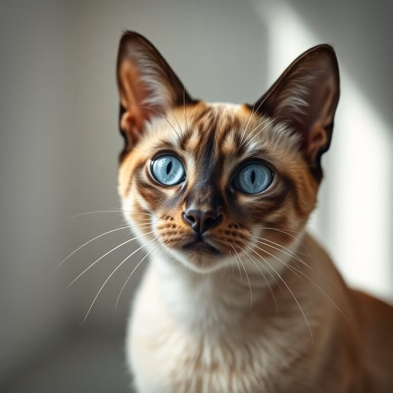 Retrato de um elegante gato Siamês com olhos azuis expressivos.