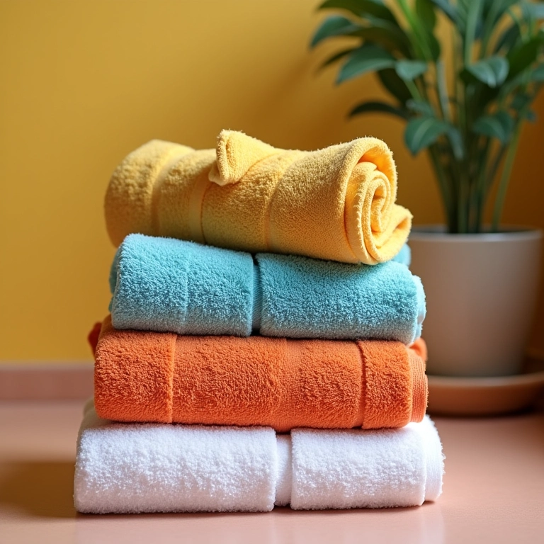 Tapetes e toalhas limpas e organizadas no banheiro.