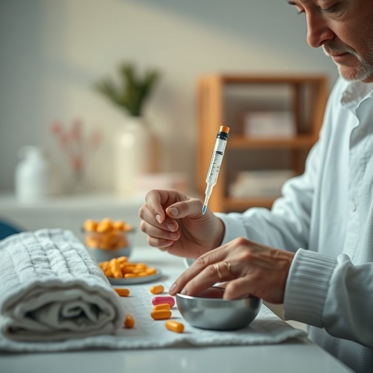 Tutor preparando área para dar comprimido: toalha, seringa, petiscos.