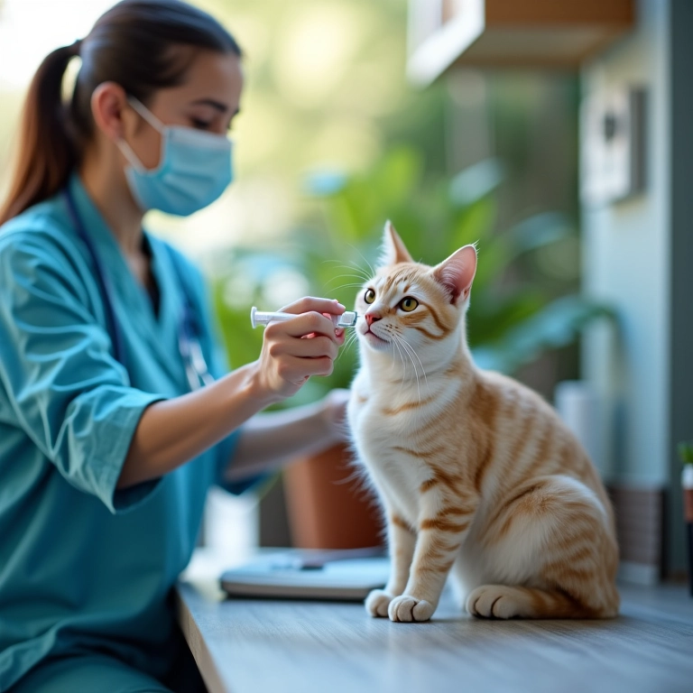Veterinário aplicando vacina em gato, prevenindo doenças infecciosas.