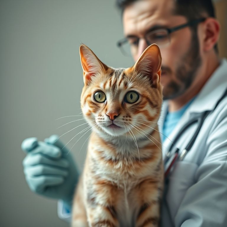 Veterinário examinando gato com suspeita de pancreatite. Expressão de preocupação.