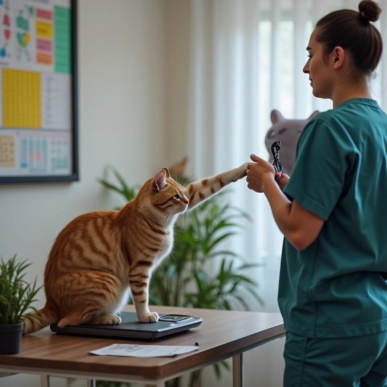 Veterinário monitorando o peso ideal do gato em uma consulta.