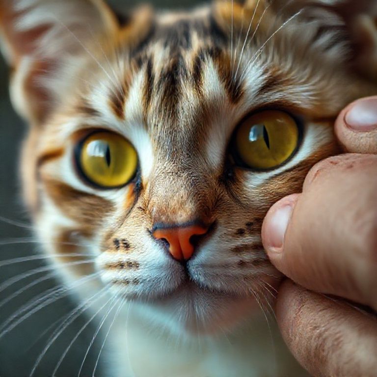 Close-up dos olhos amarelados de um gato, indicando icterícia. Mão do dono acariciando suavemente.