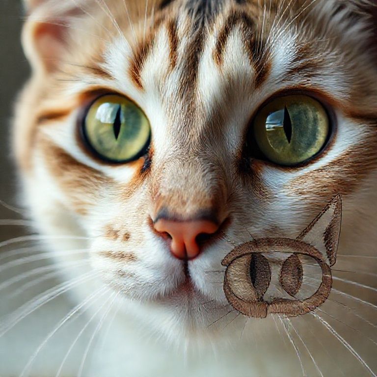 Close-up dos olhos verdes de um gato com um desenho da anatomia dos olhos ao lado.