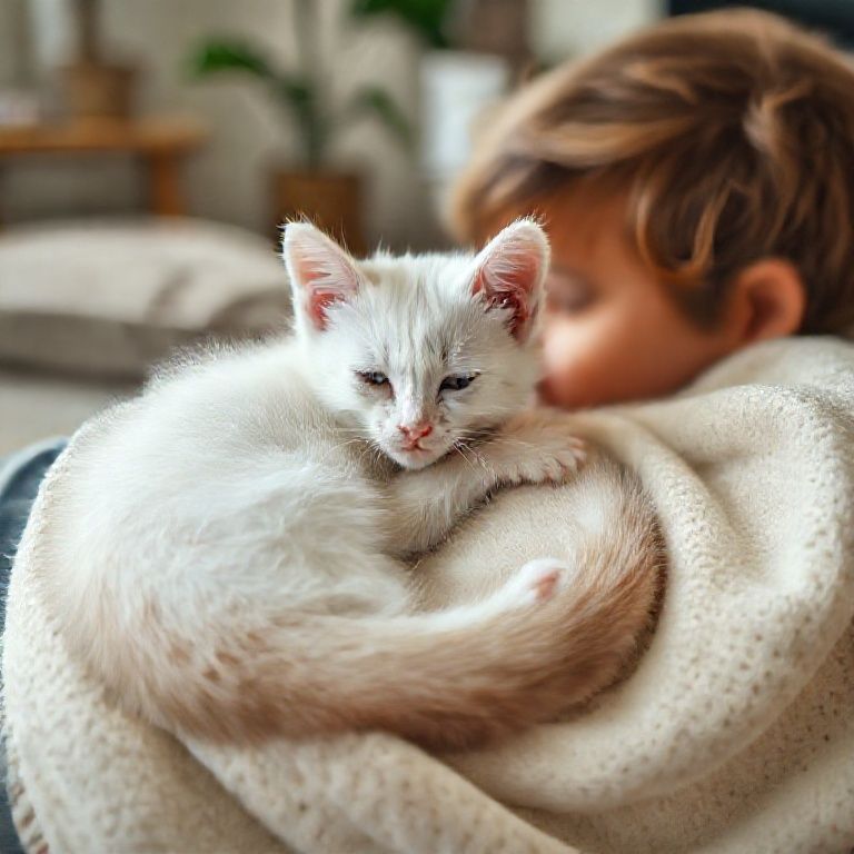 Filhote branco no colo de criança, amizade pura e inocente.