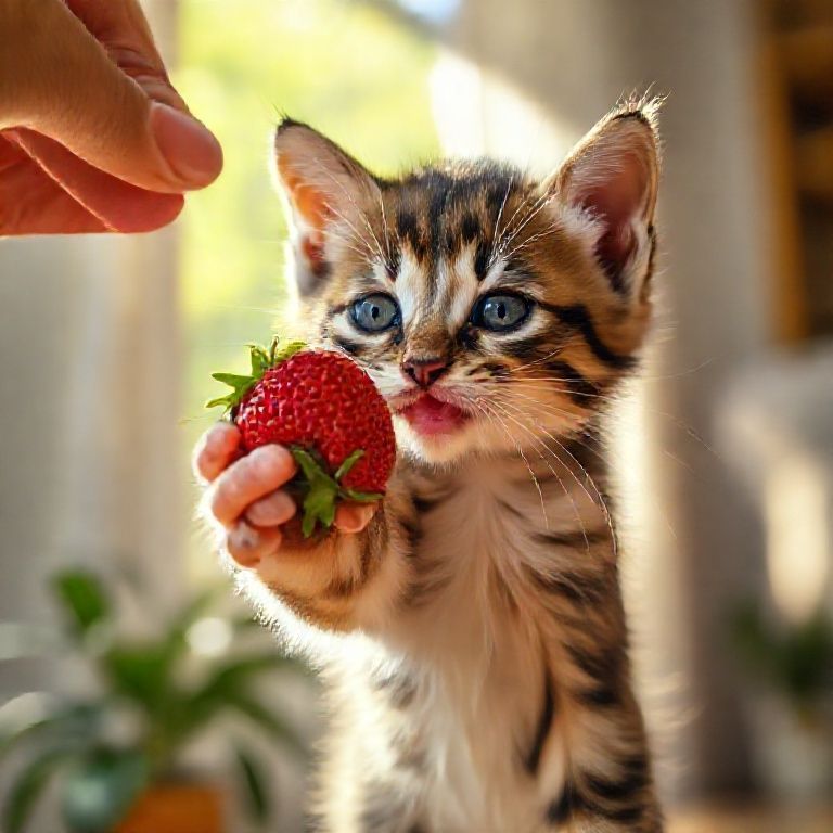 Filhote brincalhão tentando alcançar um morango.