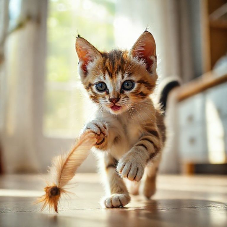 Filhote brincando com um brinquedo de pena em casa.