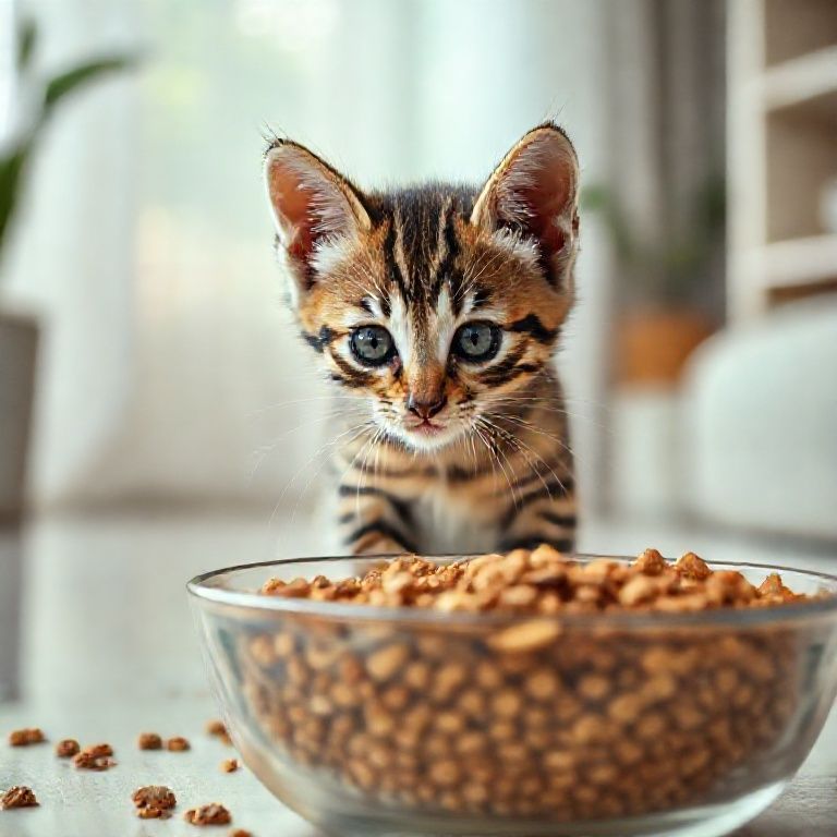 Filhote de gato abordando comedouro com ração.