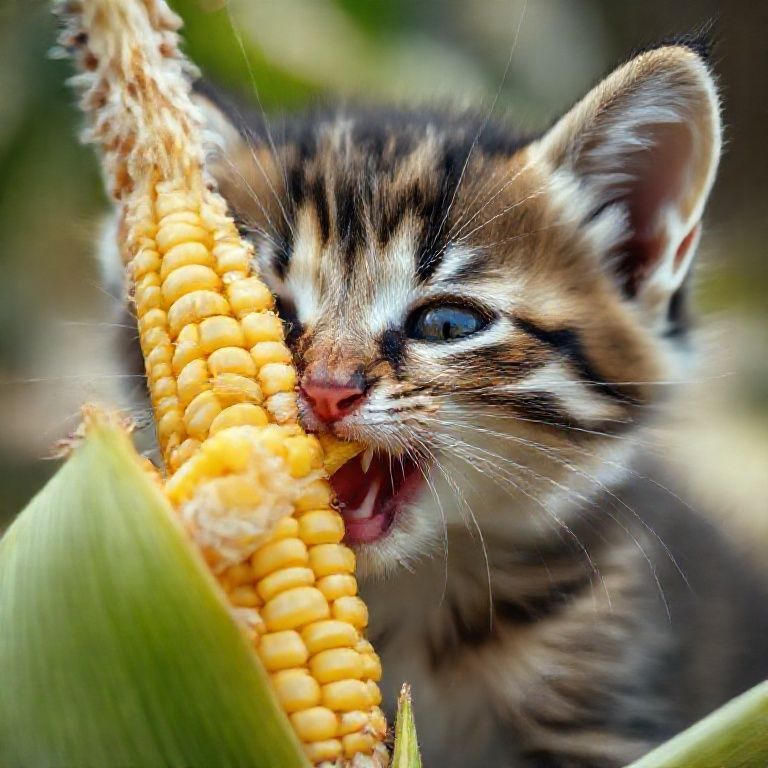 Filhote de gato tentando morder grão de milho solto.