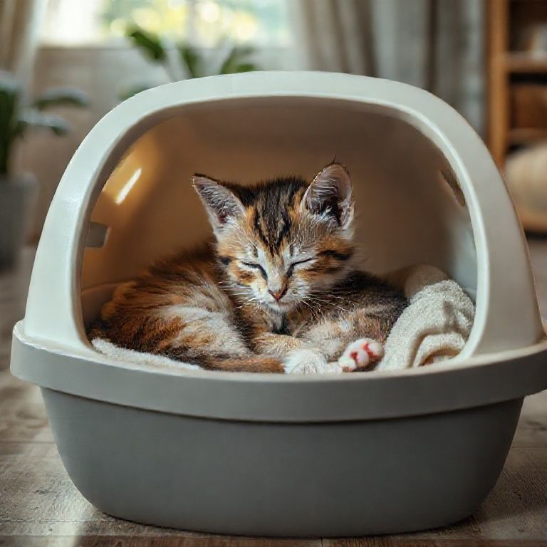 Filhote dormindo em caixa de areia espaçosa.