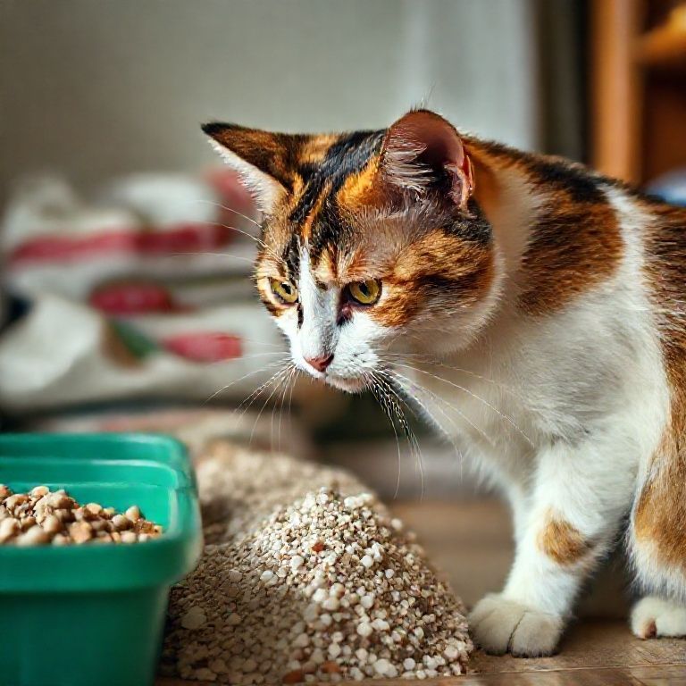 Gata idosa cheirando diferentes tipos de areia.