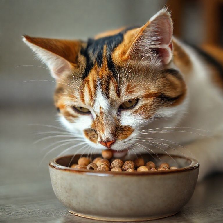 Gata idosa comendo ração de textura macia.