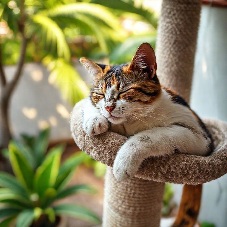 Gata idosa dormindo em um arranhador com vista para o quintal.