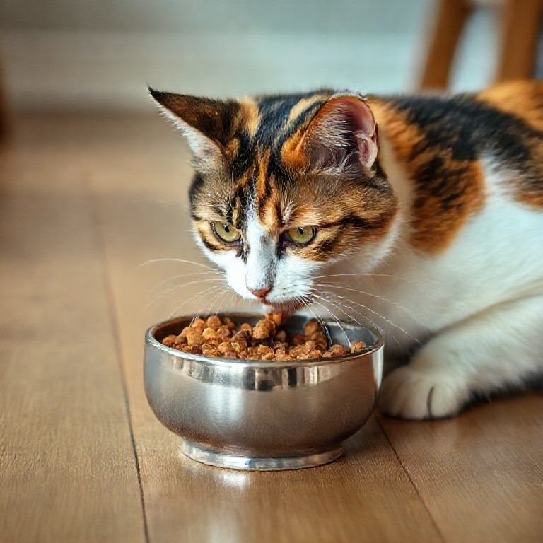 Gata tricolor comendo ração hipoalergênica em um comedouro no chão de madeira.