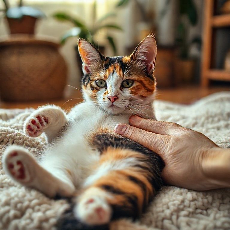Gata tricolor deitada de barriga para cima em manta fofa, olhar confiante.