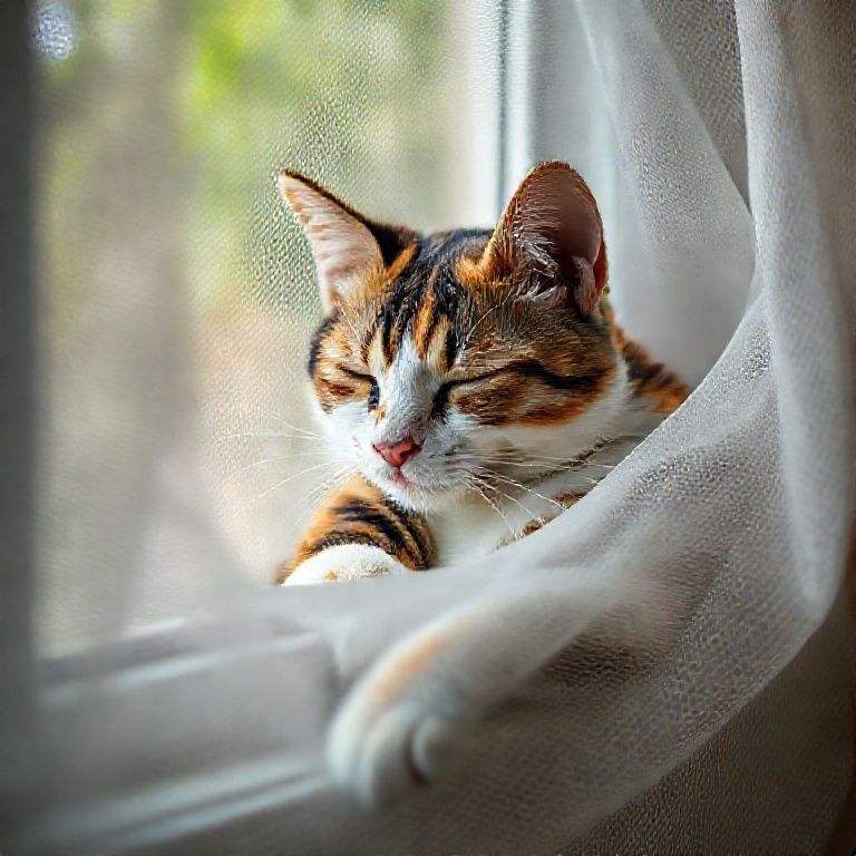 Gata tricolor dormindo em rede de proteção em apartamento.