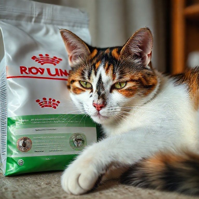 Gata tricolor dormindo perto de ração Royal Canin Hypoallergenic.