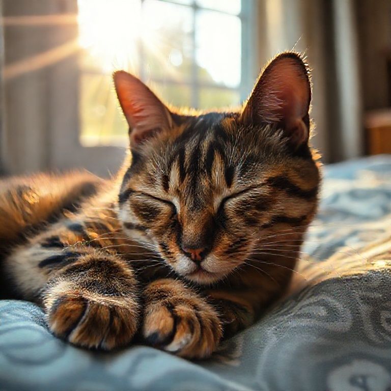 Gata tricolor dormindo sob a luz do sol.