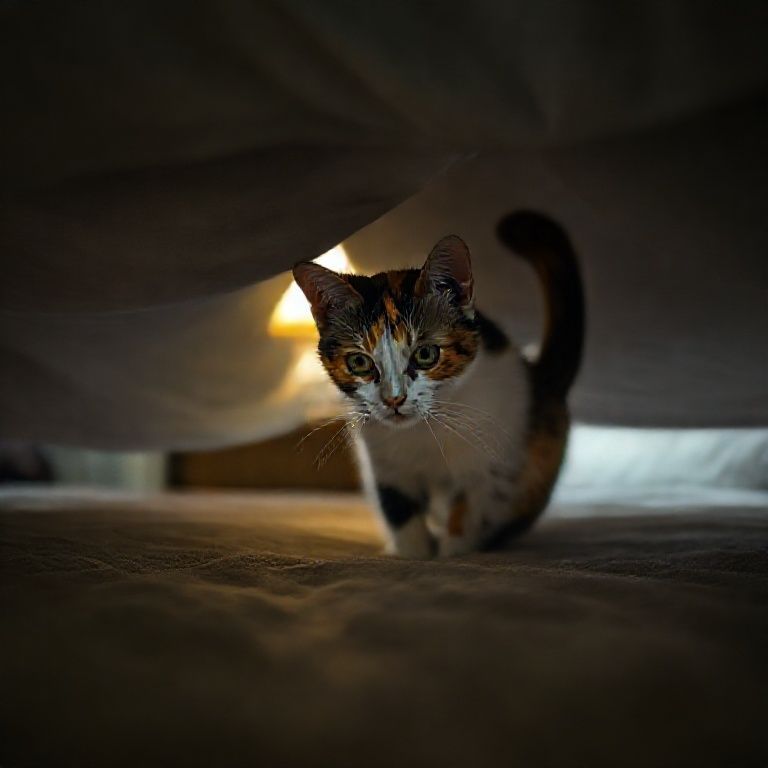 Gata tricolor escondida embaixo da cama, com a cauda tremendo.