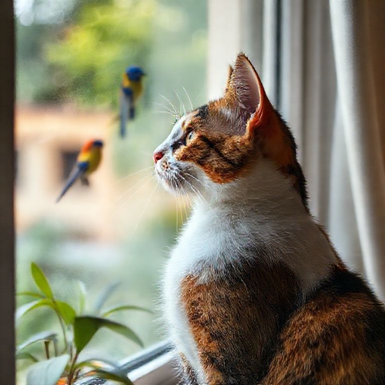 Gata tricolor observando pássaros da janela.