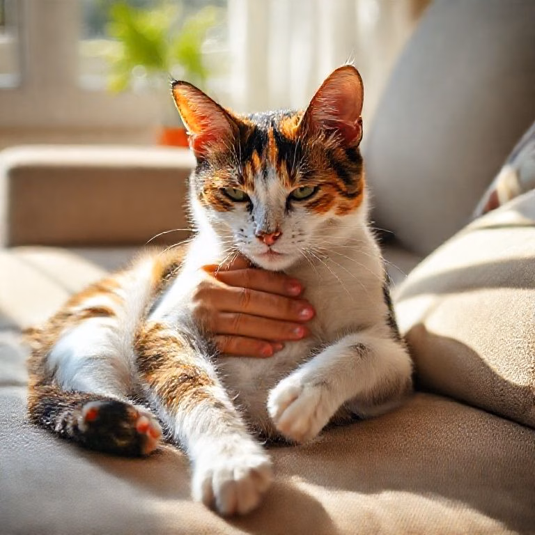 Gata tricolor recebendo massagem na barriga em sofá ensolarado