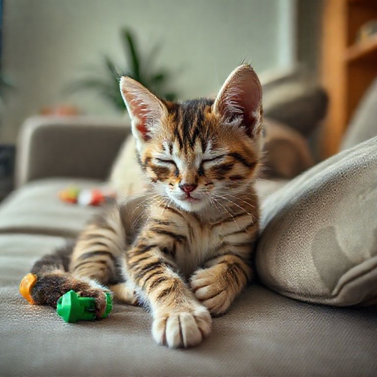 Gatinho entediado em um sofá, com brinquedos por perto