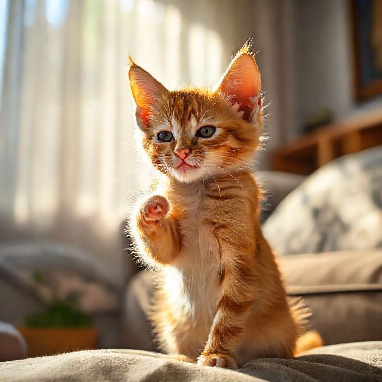 Gatinho laranja brincando com a luz do sol em sala aconchegante.