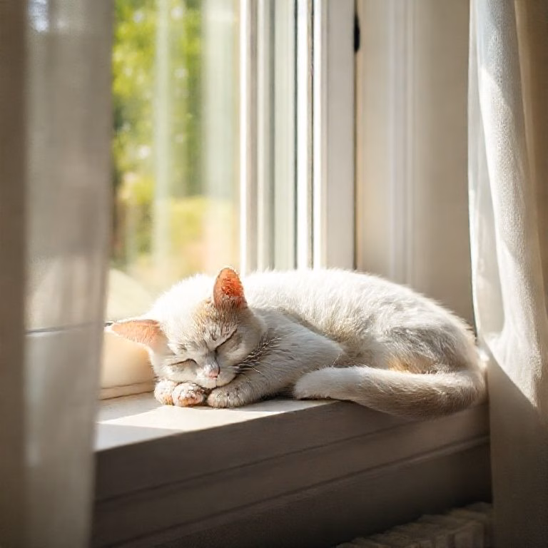 Gato branco dormindo na janela, luz suave, presságio de paz.