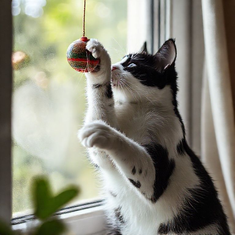 Gato branco e preto brincando em cama de janela com ventosas.