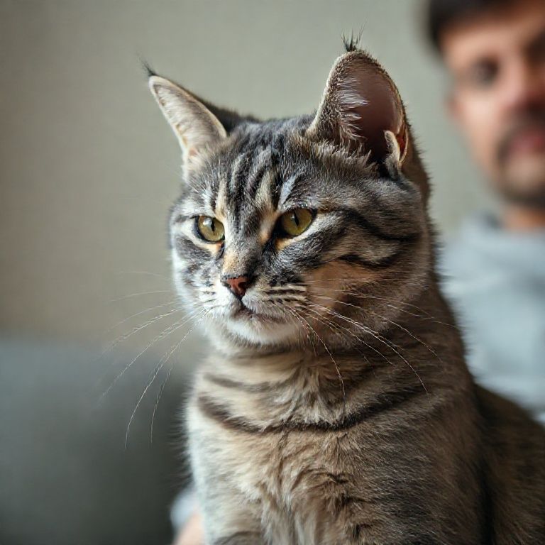 Gato cinza com otite, inclinação da cabeça e dor.