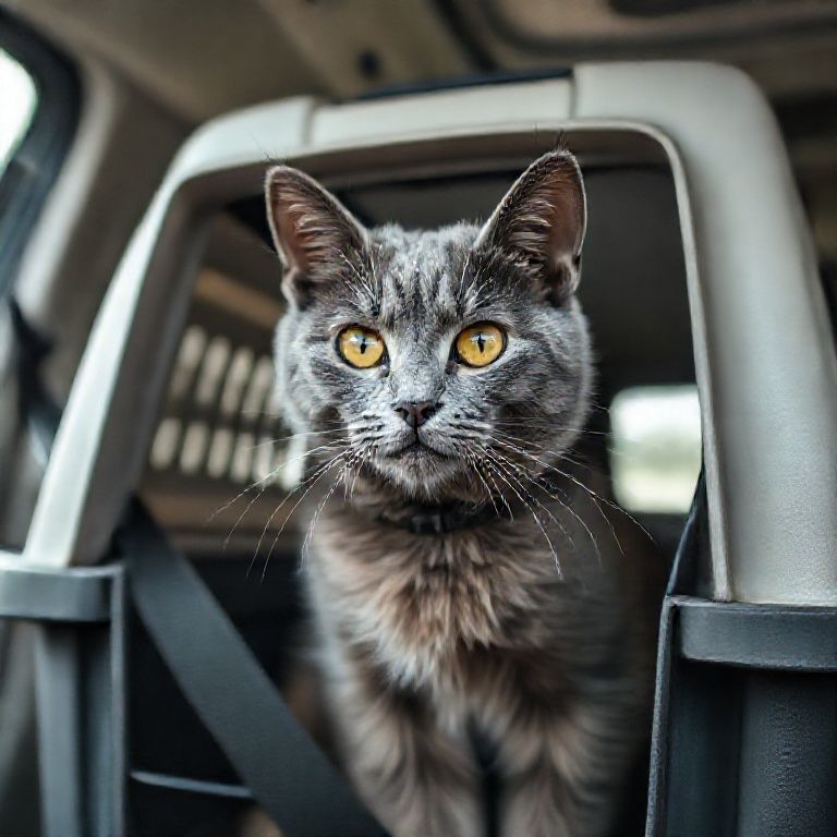 Gato cinza dentro de uma caixa de transporte presa com cinto de segurança em um motorhome.